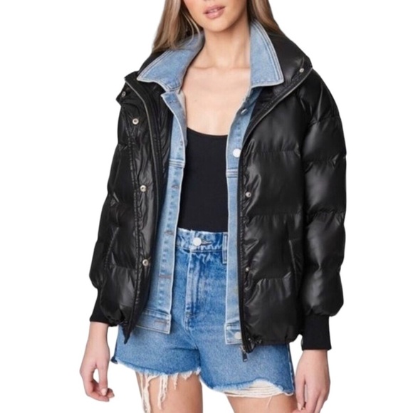 Blank NYC Puffer Jacket Run The Show Nylon Denim Size Large - Picture 12 of 13